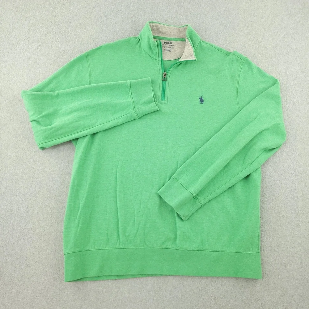 Polo Ralph Lauren Sweater Mens L Green Cotton Viscose 1/4 Zip Mock Neck Pullover